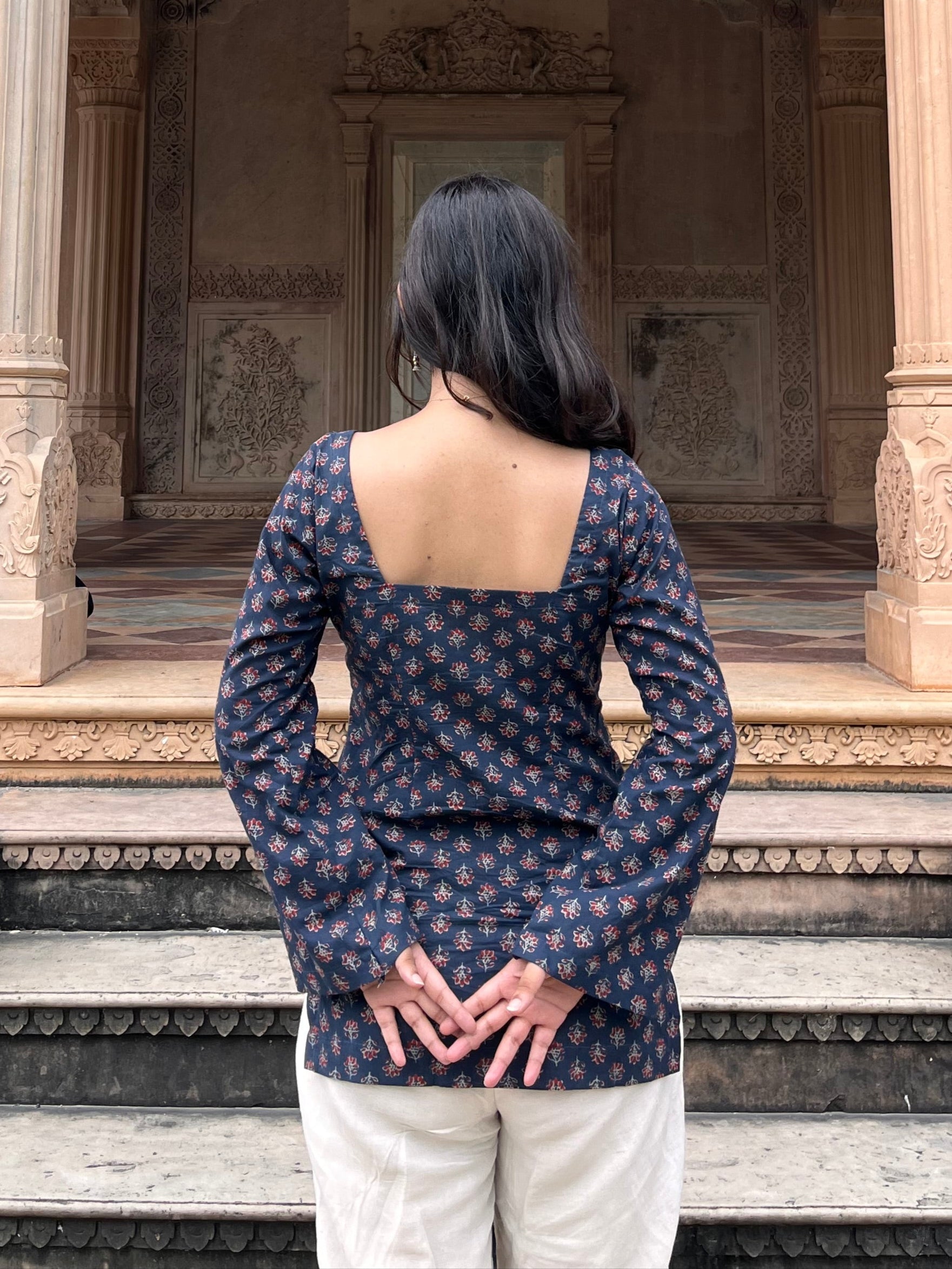 Blue Square Neck Bell Sleeves Kurti