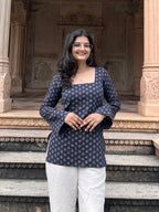Blue Square Neck Bell Sleeves Kurti