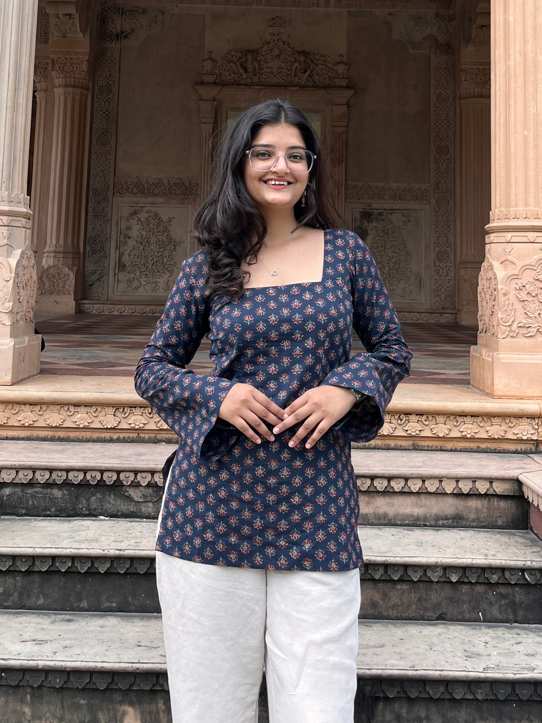 Blue Square Neck Bell Sleeves Kurti