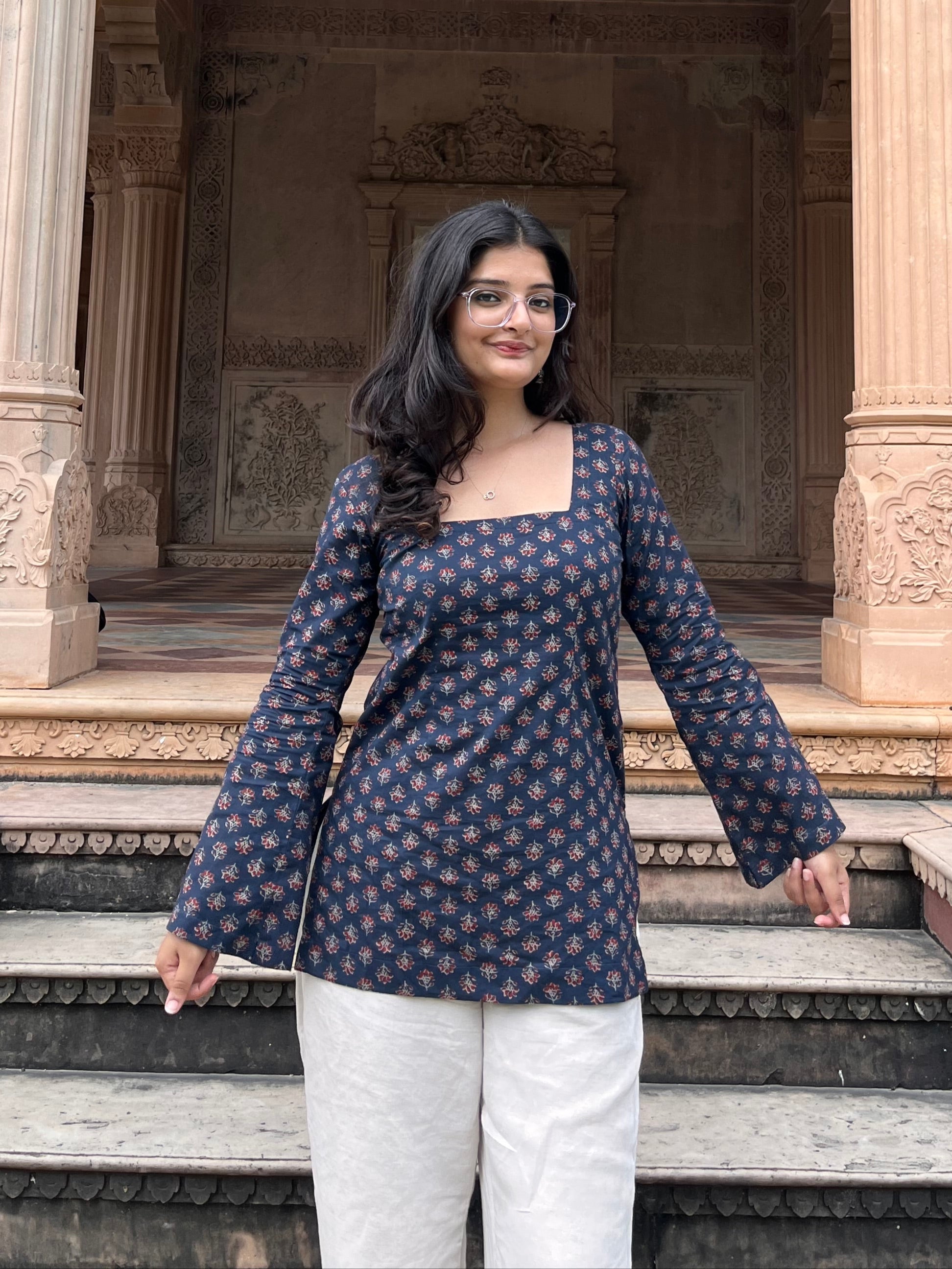 Blue Square Neck Bell Sleeves Kurti