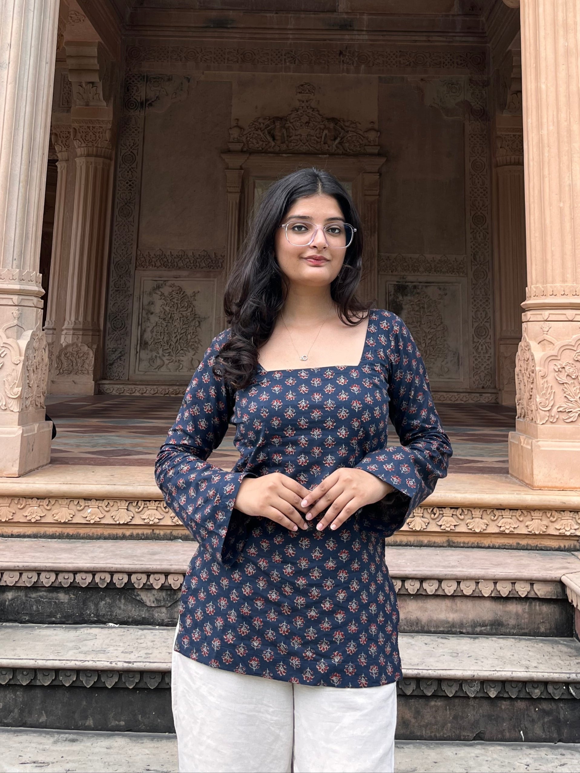Blue Square Neck Bell Sleeves Kurti