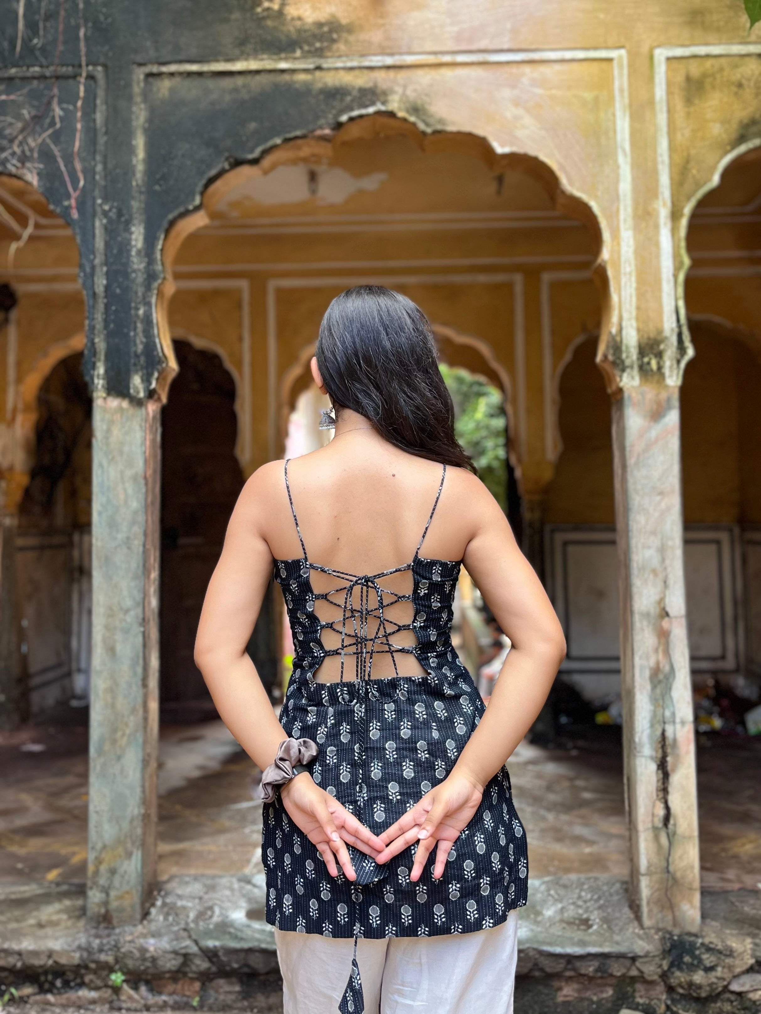 Black Noodle Strap Corset Kurti