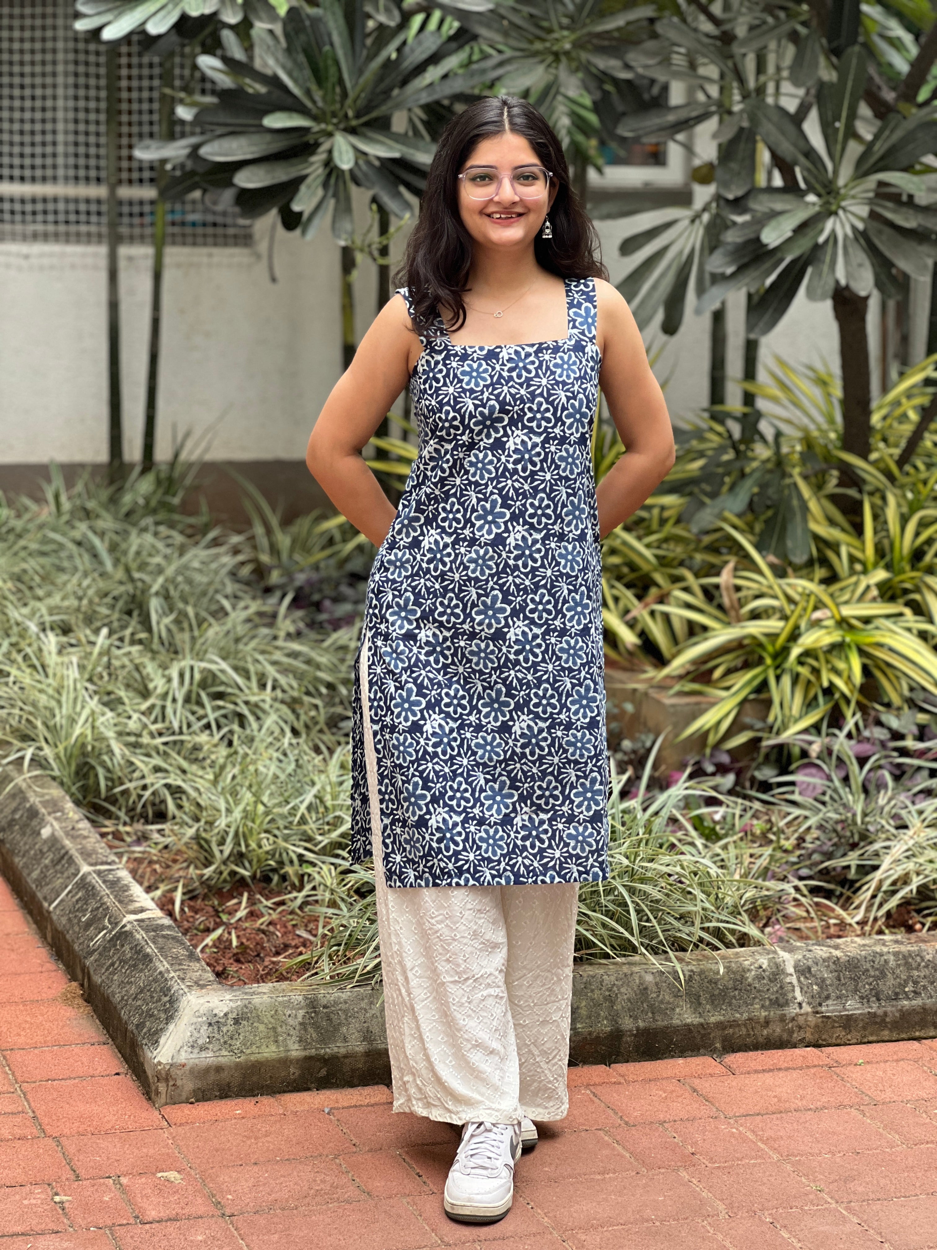 Blue Floral Long Kurti with Corset