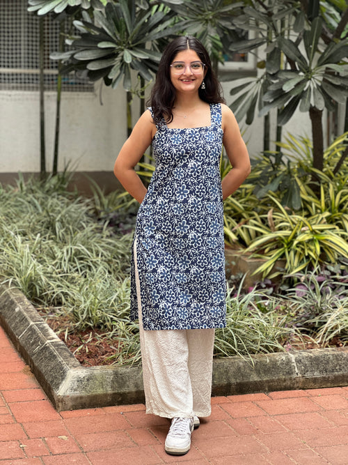 Blue Floral Long Kurti with Corset