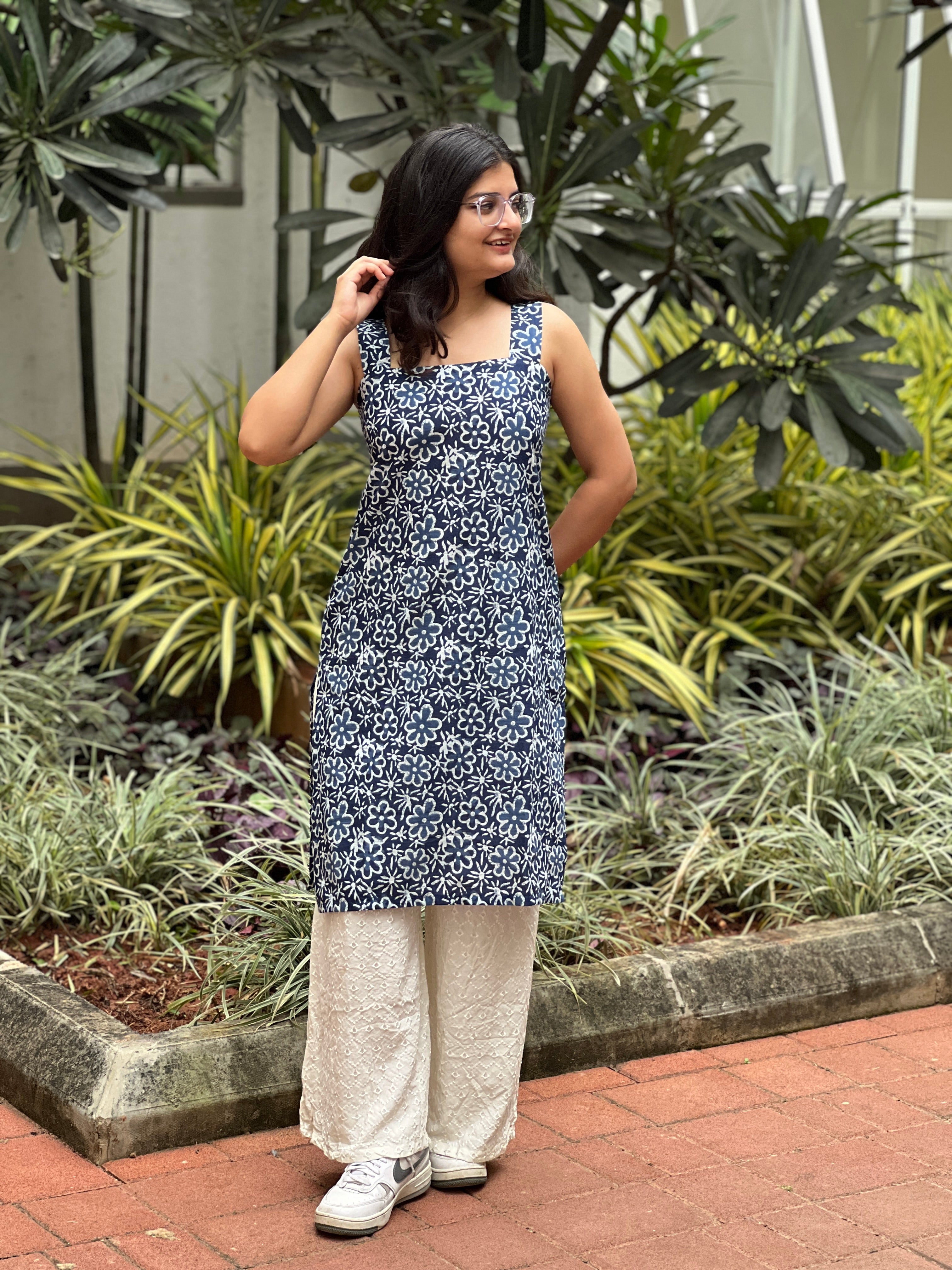 Blue Floral Long Kurti with Corset