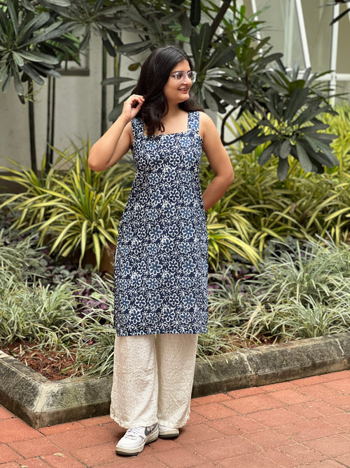 Blue Floral Long Kurti with Corset