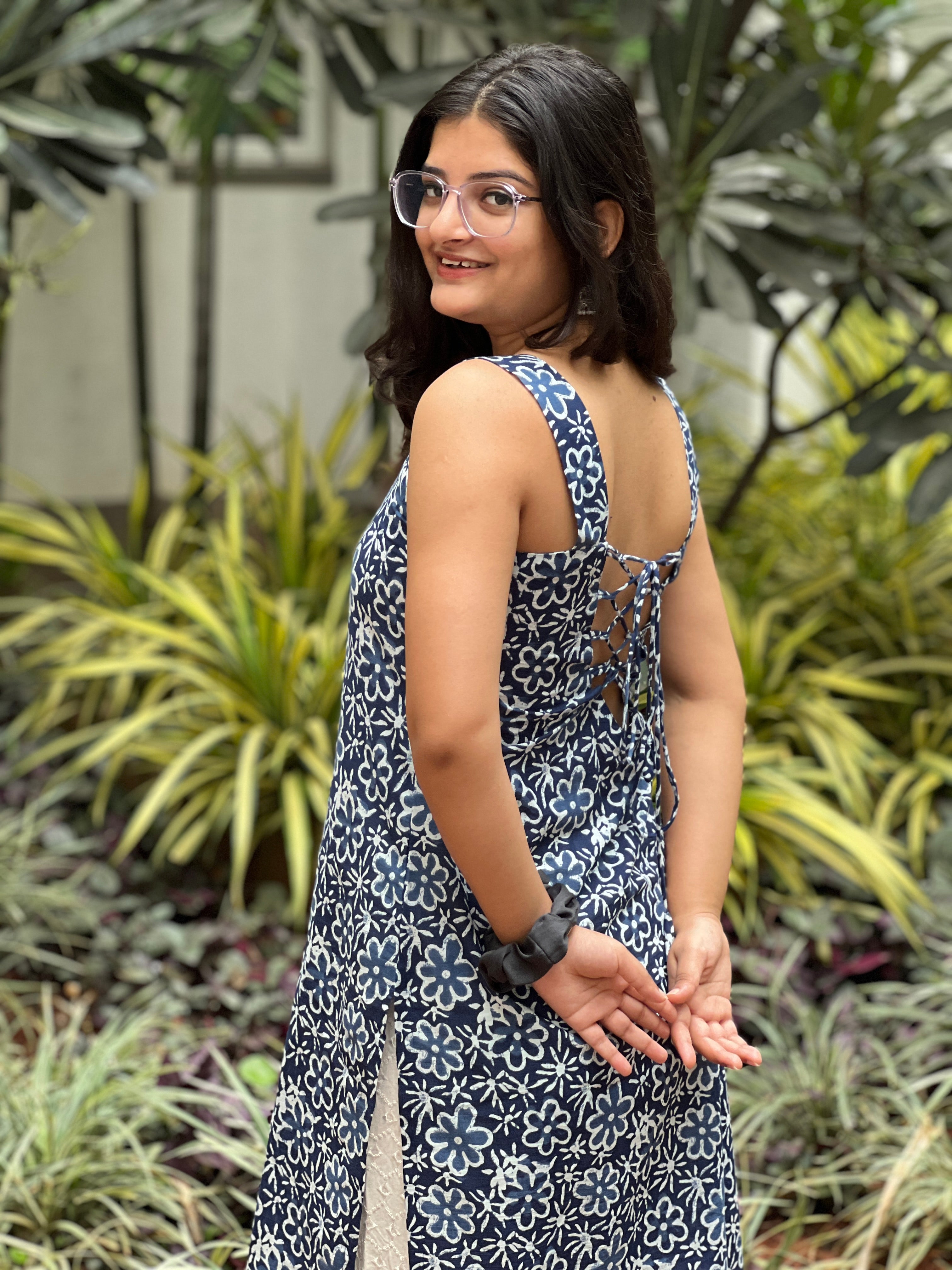 Blue Floral Long Kurti with Corset