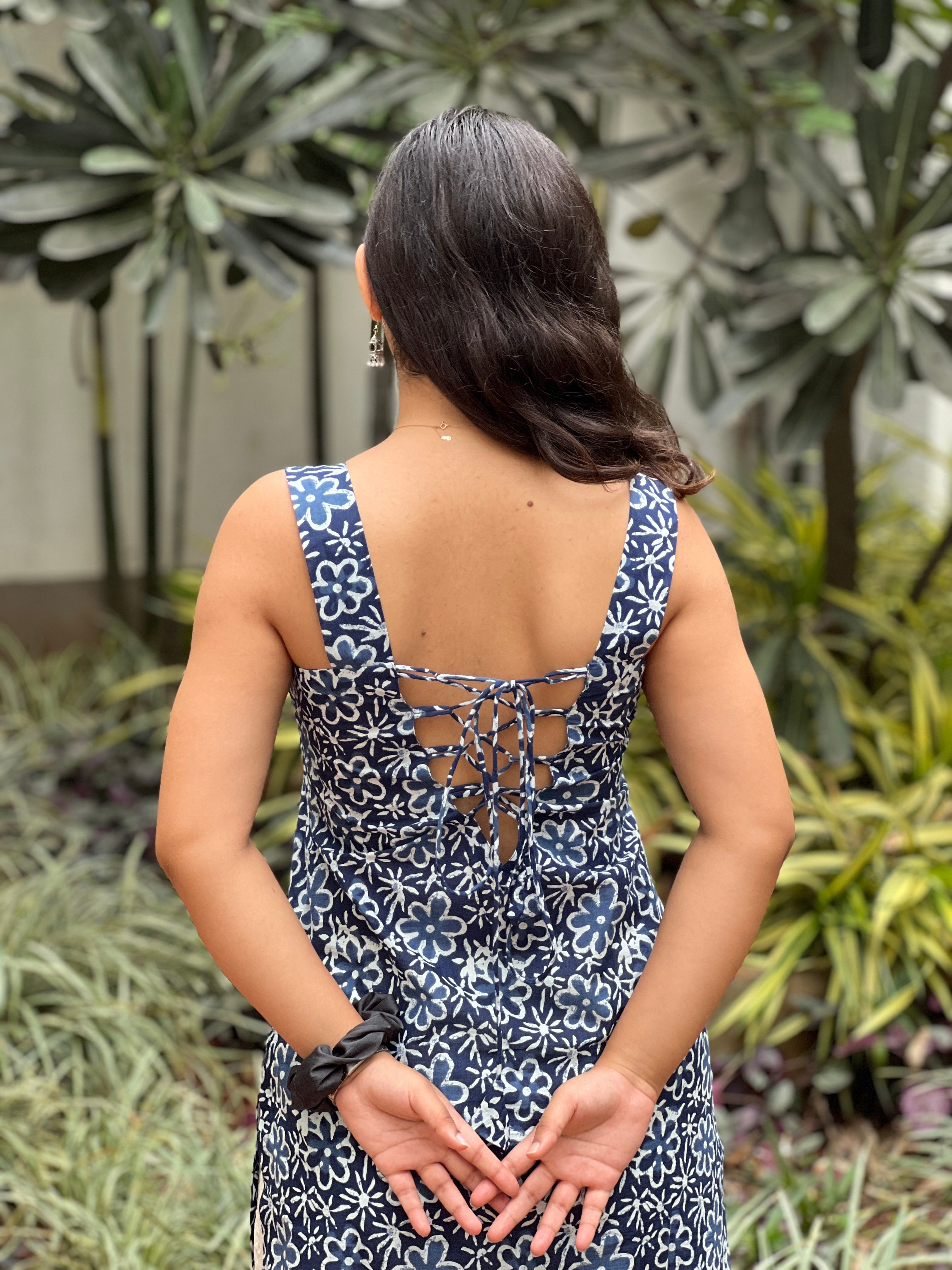 Blue Floral Long Kurti with Corset