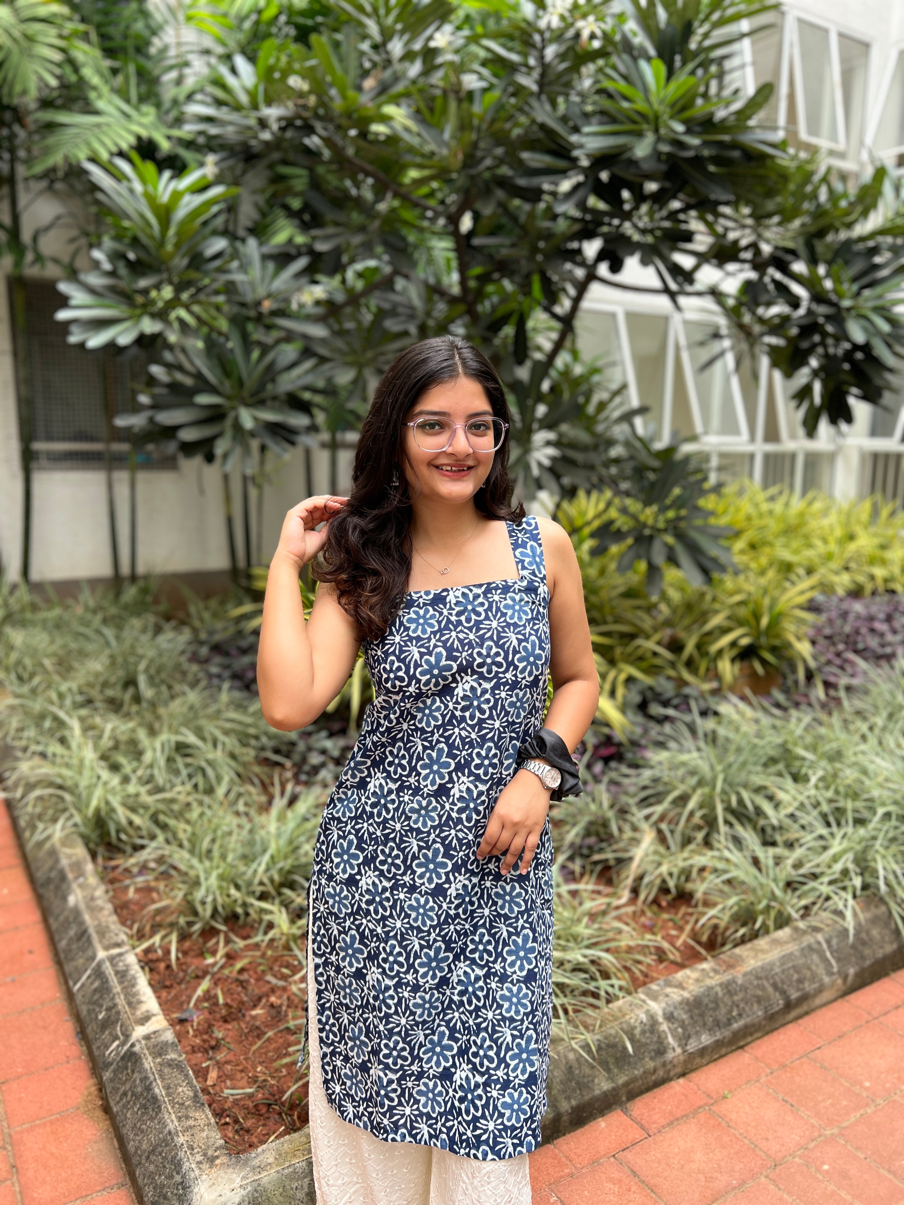 Blue Floral Long Kurti with Corset